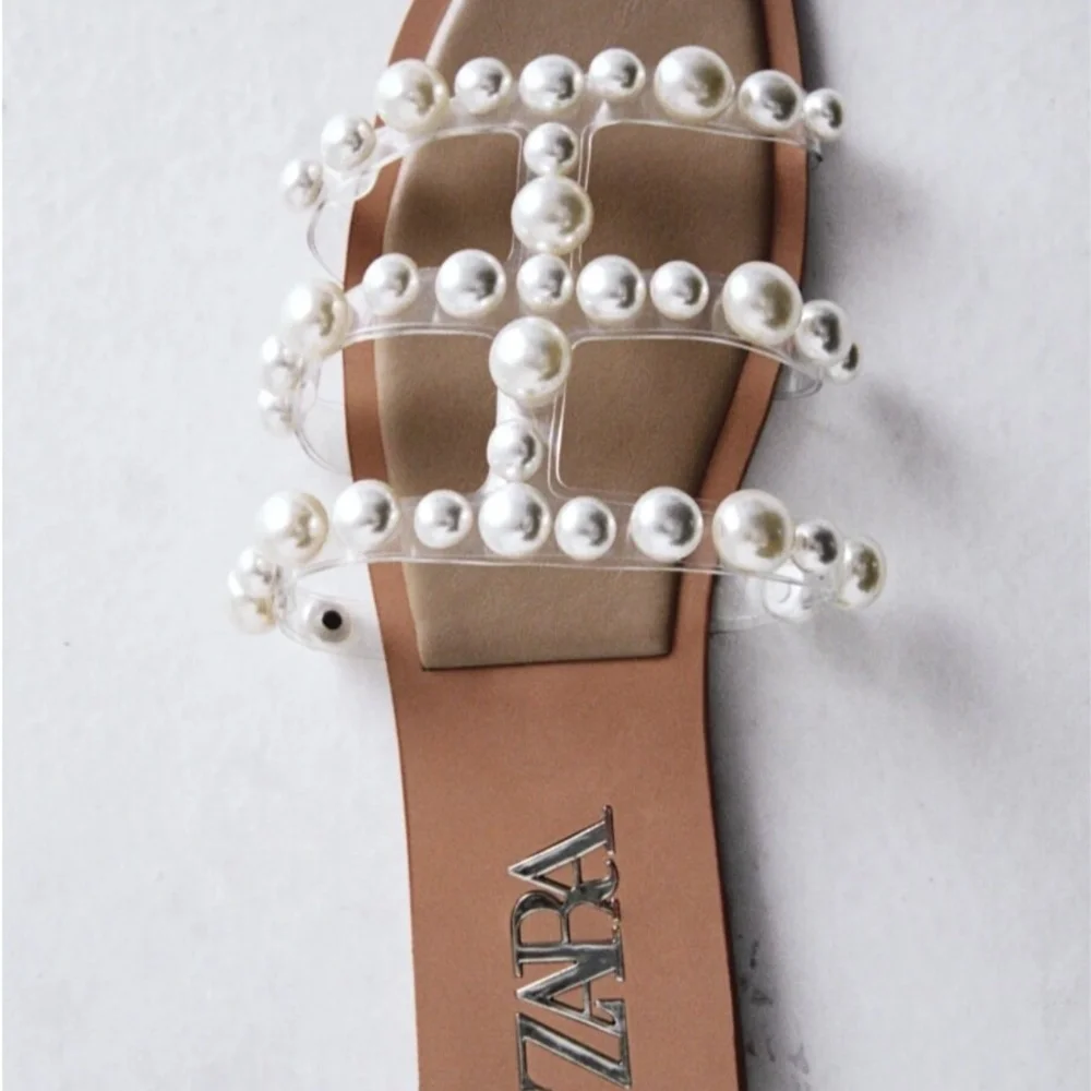 Zara Tan Sandals with Pearl Embellishments - Picture 4 of 6